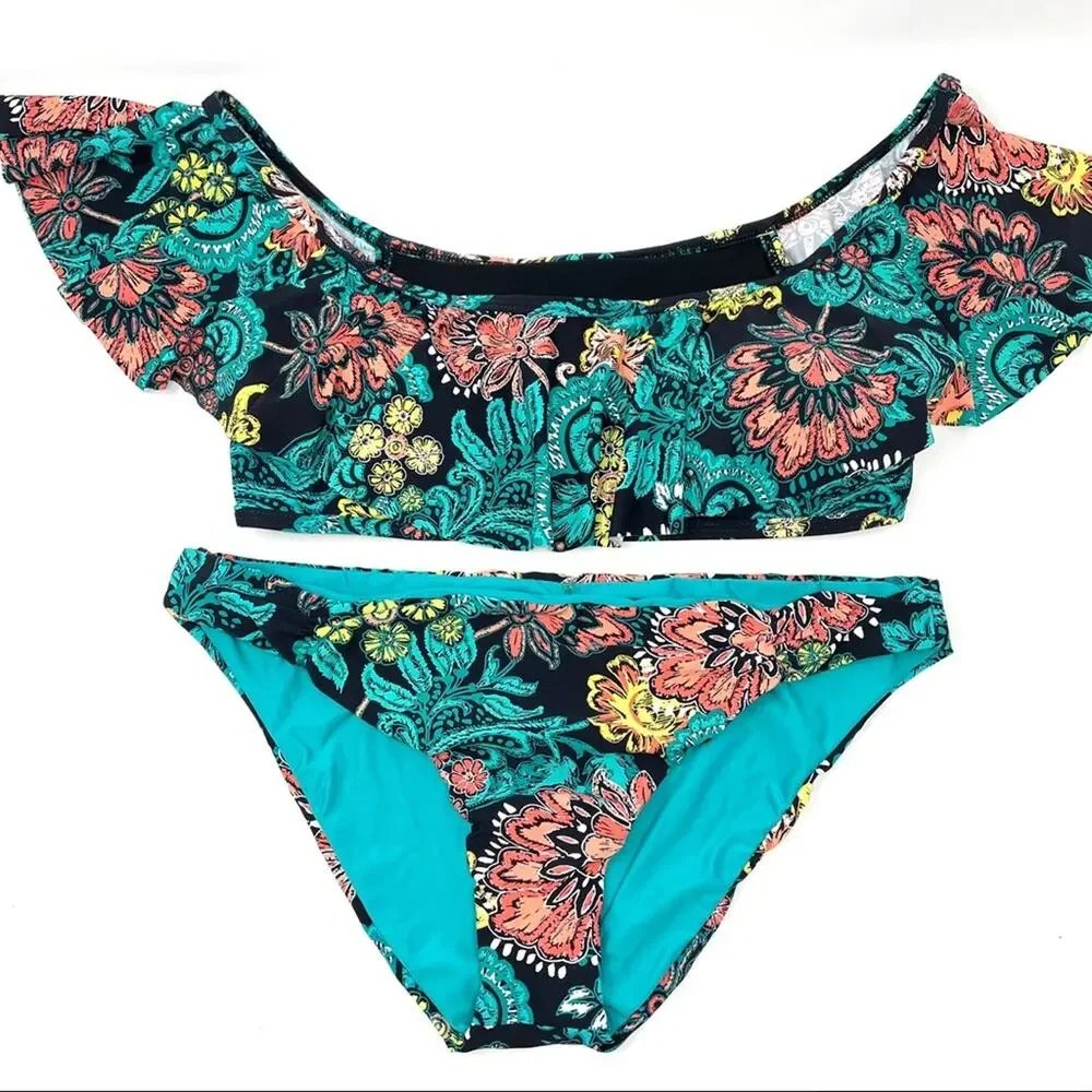 Splendid Farmhouse Floral Bandeau Ruffle Bikini SET Swimsuit Women's Large $132